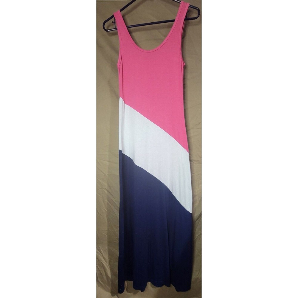 Women’s Small Juniors Color Block Maxi Dress Sleeveless Pink Blue Stretch Long